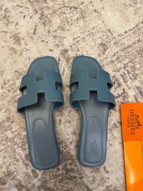 Hermes Teal Blue Oran Slide Sandals
